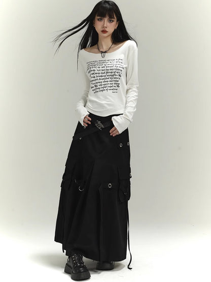 Black Zipper and Ring Detail Cargo Pockets Loose Skirt
