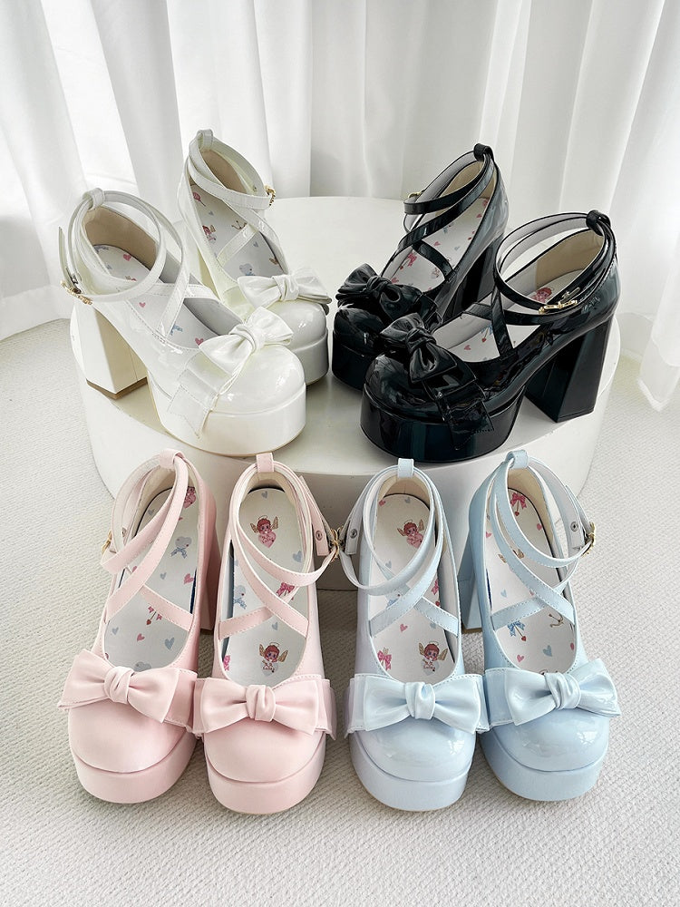 Crisscross Ankle Strap Pink Bow at Top 11cm High Heels