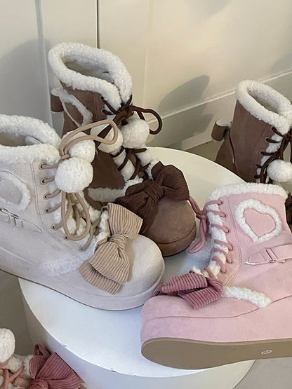 6cm/8.5cm Platform Pink Sweet Style Winter Boots with Heart Patches & Bow Accents