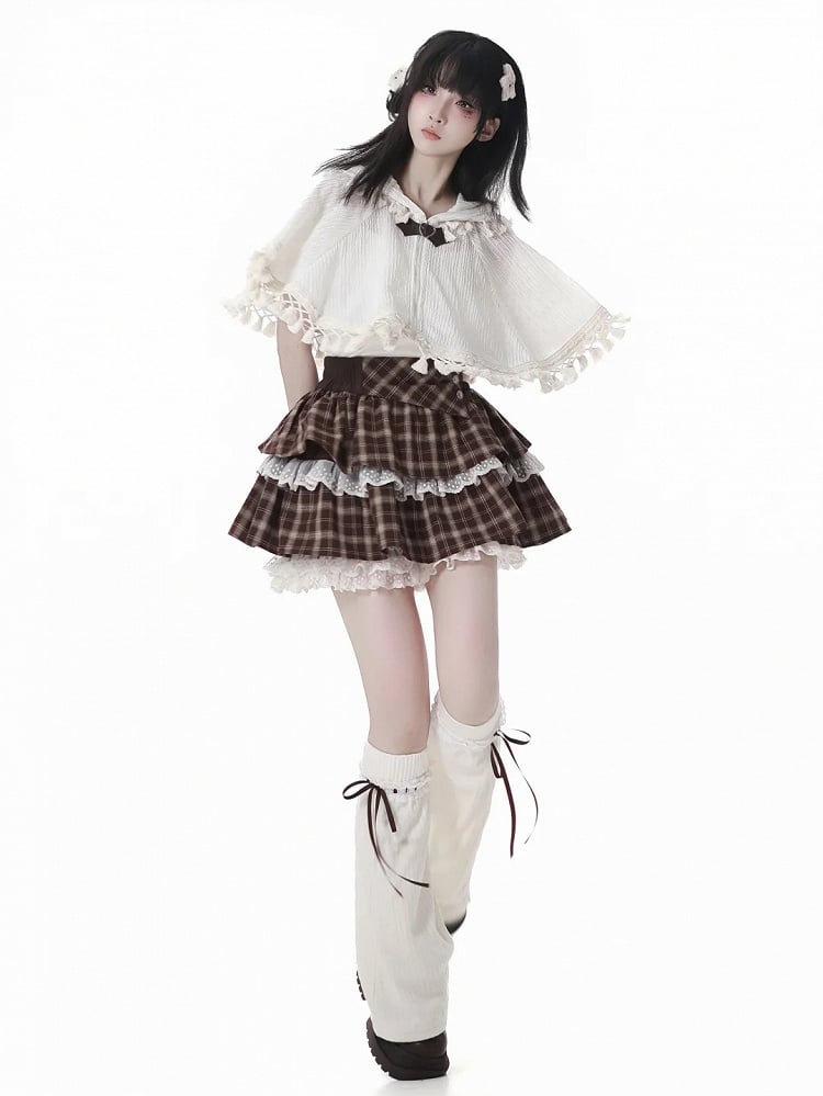 Brown Plaid Lace Trim Tiered Skort