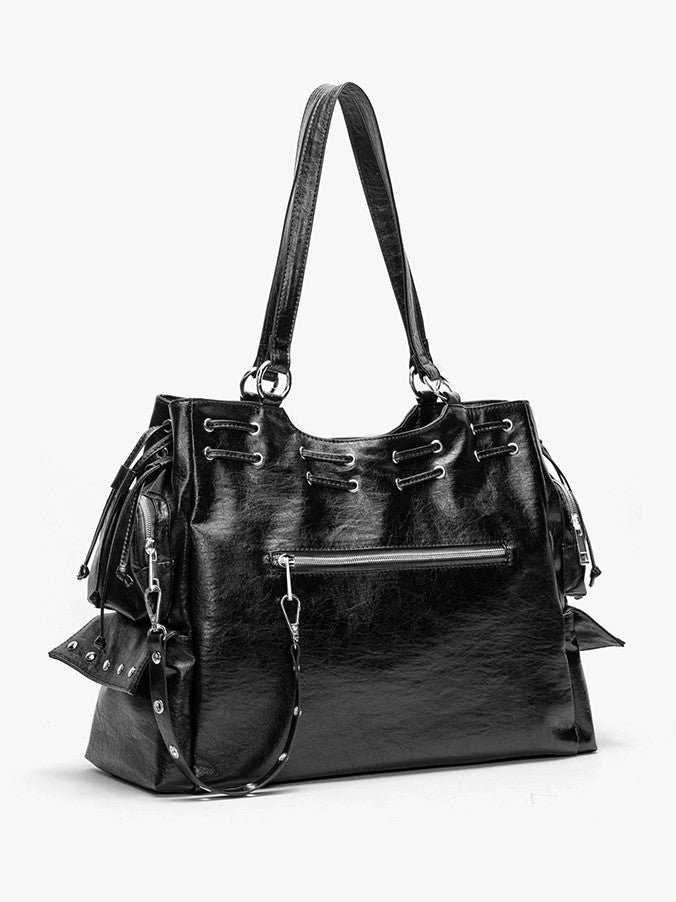 Black Studded Soft Tote Bag With Large Capacity&Adjustable Straps