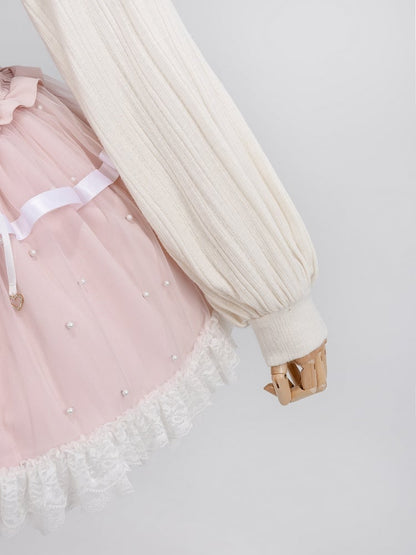 Allover Beads Pink High Waist Jirai Kei Skirt with Lace Up and Shirring Waist