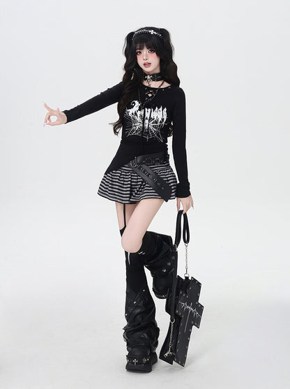 Spider Web Print Lace-up Neckline Asymmetrical Hem Black Top