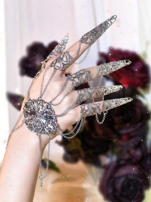 Cyberpunk Finger Nail Ring Bracelet Gothic Hand Accessory Silver/Metallic Color