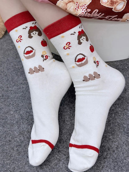 4 Options White Calf Socks With Apple and Floral Print