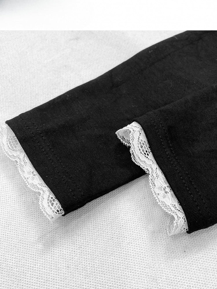 Black Y2K Bittersweet Print Design Lace Trim Mock Neck Top