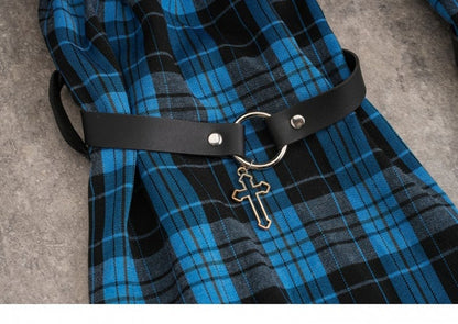 Pins Decorated Black and Blue Plaid Leg Sleeves