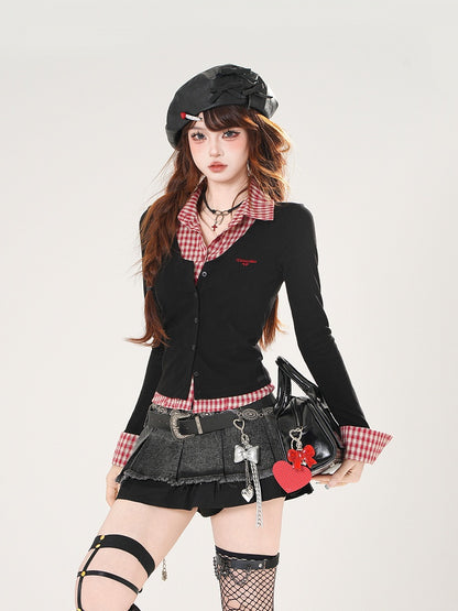 Red Plaid and Black Faux Two-pieces Slim-fitting Top