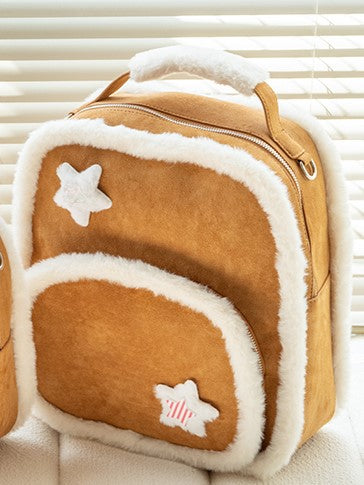 Warmy Large-Sized Brown Backpack With Plush Trim In Kawaii Style