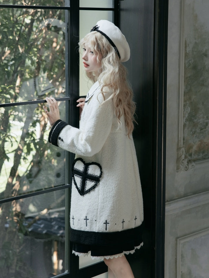 Heart-shaped Pockets White Woolen Coat with Black Embroidery Detail