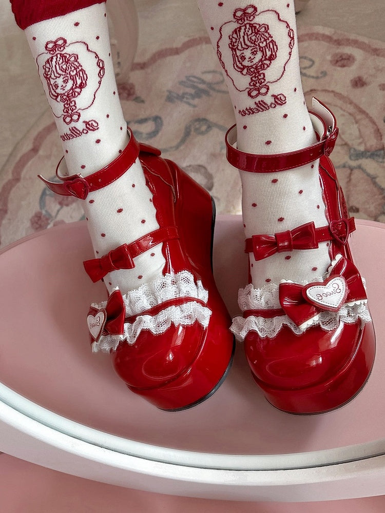 Coffee/Black/Red/Pink Anime Girl Polka-dot Pattern Lolita Calf Socks