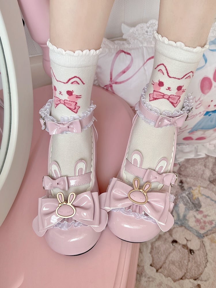 Pink White Kitty Print Lolita Ankle Socks