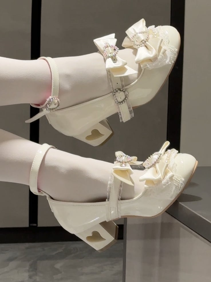 White Bow at Top Heart Cut-out Heels Mary Janes