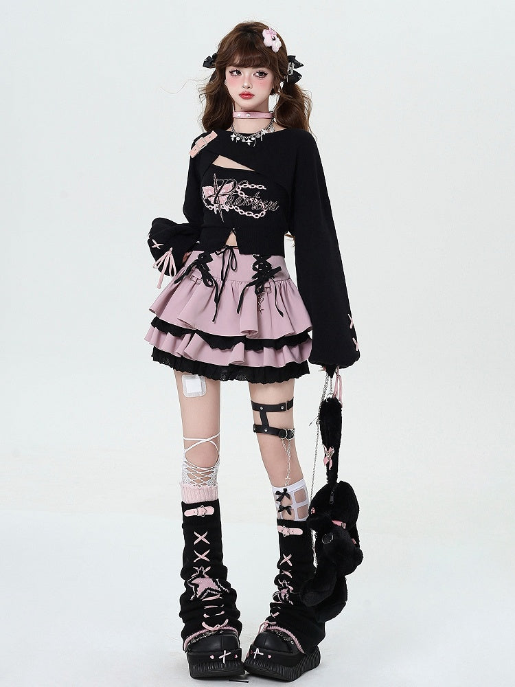 Lace-up Details at Waist Y2K Pink Tiered Skirt