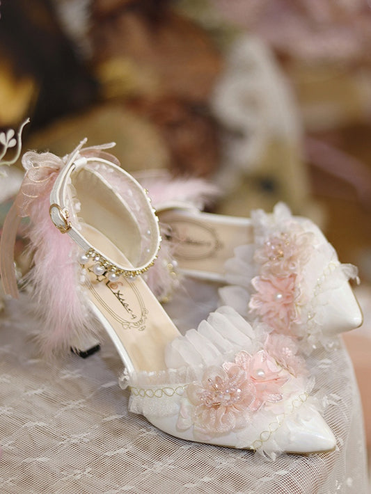 White & Pink Floral Design Feather Decorated 8CM Hime Lolita High Heels
