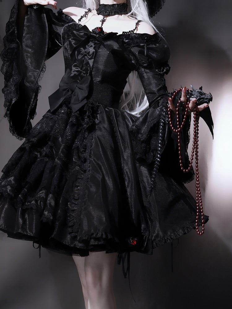 Black Layered Bell Sleeves Kuro Gothic Lolita Dress Bowknot Details and Drawstring Skirt