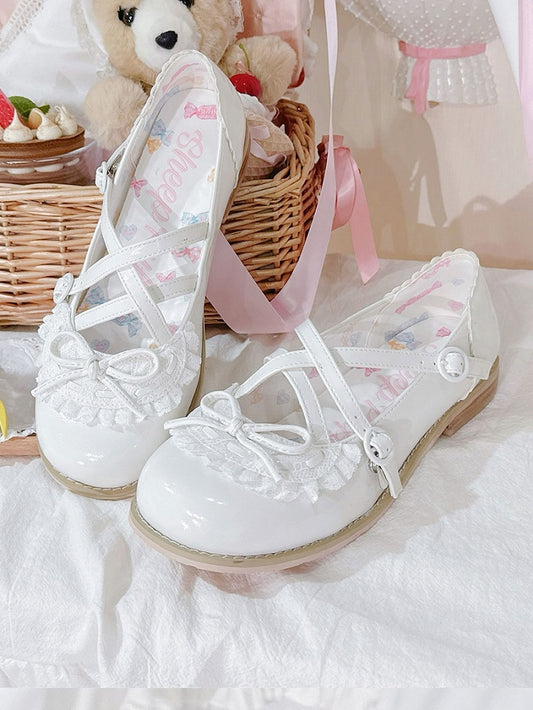 White Crisscross Design Lace Trim Bow at Top Lolita Shoes