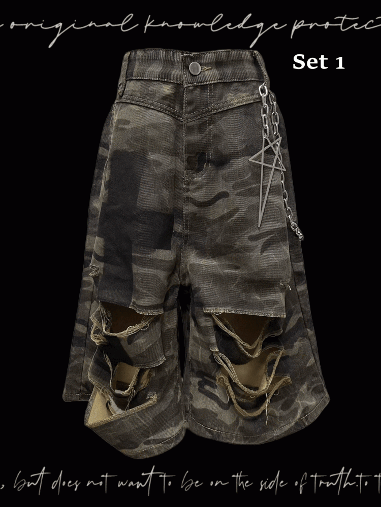 Camouflage Distressed Holes Wasteland Punk Wide-Leg Shorts