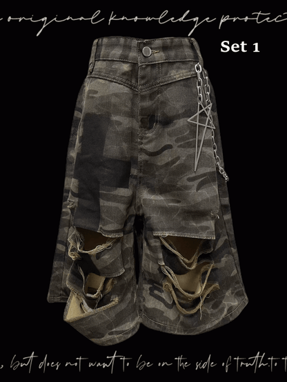 Camouflage Distressed Holes Wasteland Punk Wide-Leg Shorts