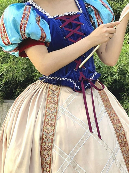 Snow White Full Set- Blue Boned Corset + Golden Skirt + Lace Collar + Red Bow Hairclip