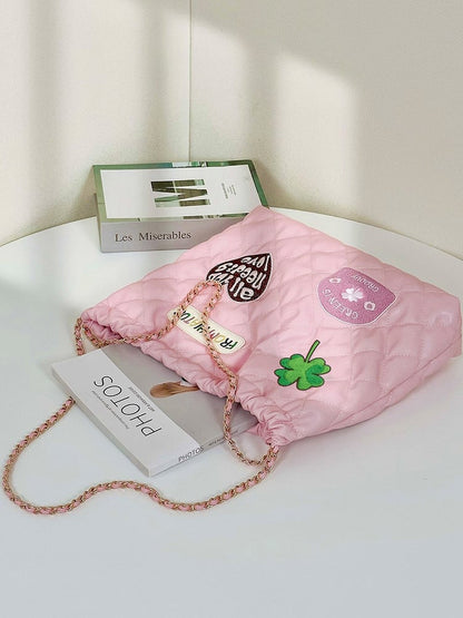 Sweet Pink Diamond Quilted Drawstring Shoulder Bag With Clover And Letter Embroidery