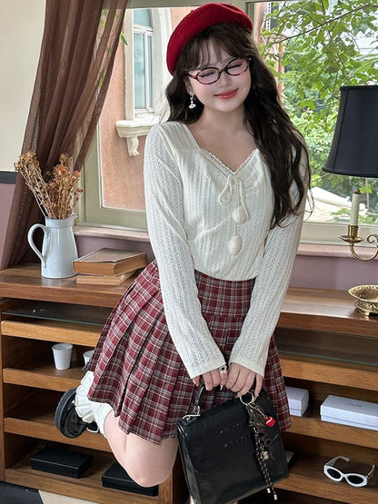 Plus Size White Pompom Accents V-neck Long Sleeves Lace Top