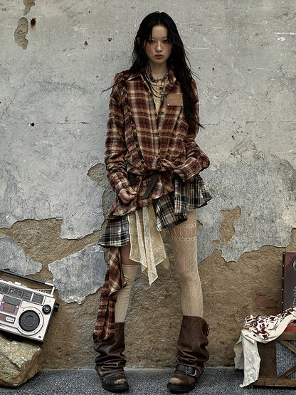 Red and Brown Plaid Punk Faded Wash Shirt Frayed Hem