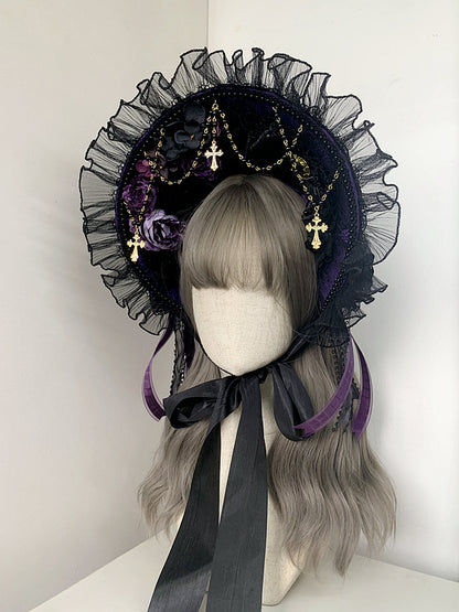 Gothic Cross Chains Floral Design Black and Purple Gorgeous Elegant Bonnet