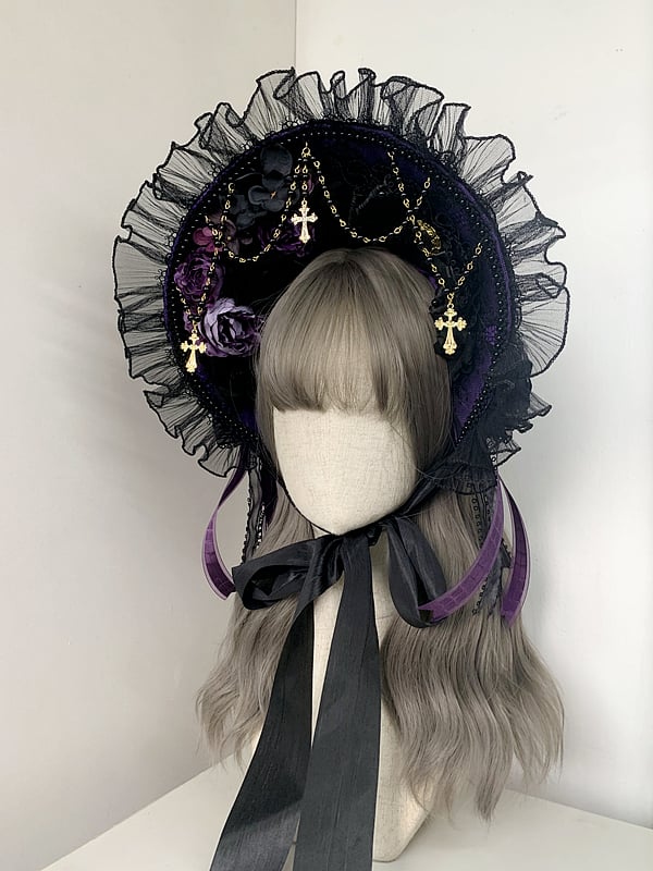 Gothic Cross Chains Floral Design Black and Purple Gorgeous Elegant Bonnet