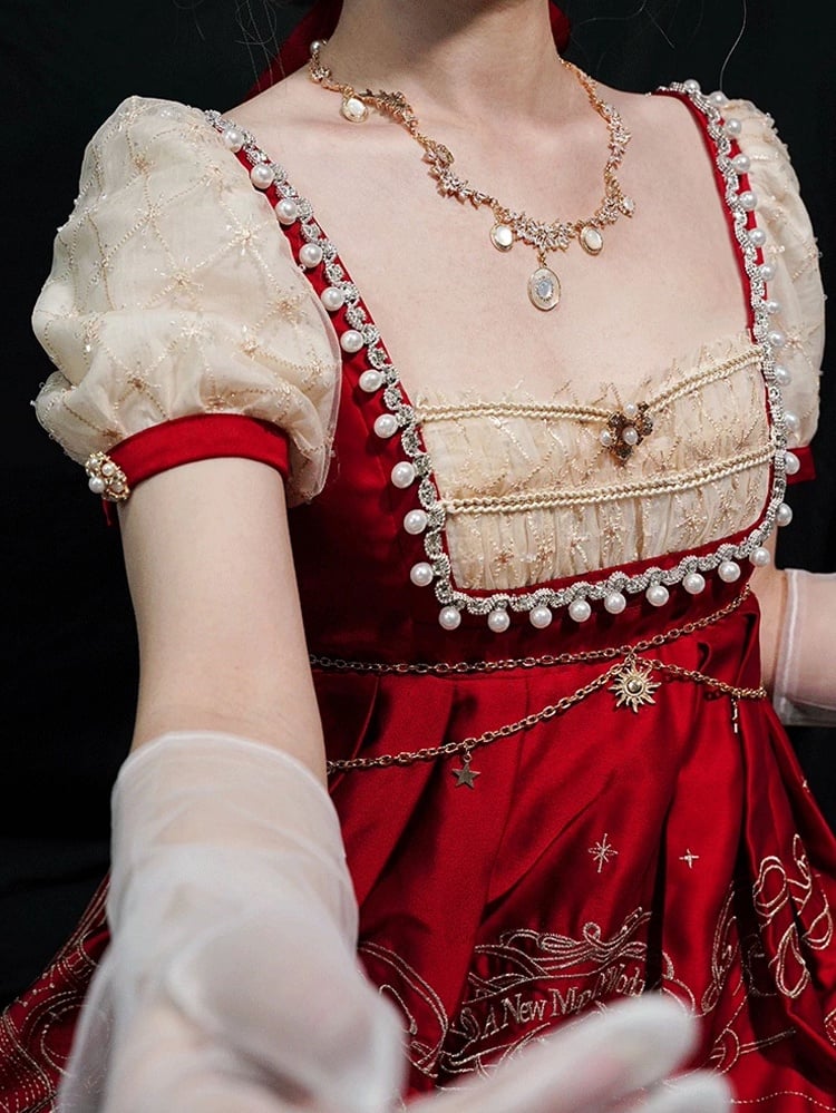 Delicate Gold Celestial Map Embroidery Empire Waist Wine Red and Beige Elegant Classic Lolita One Piece