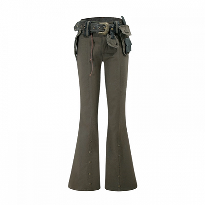 Brown Low Waist Studded Cuffs Flared Pants with Buckle Belt
