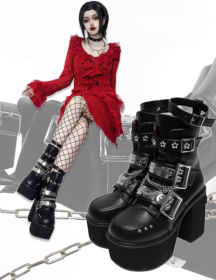 Black Punk Rectangle Metal Plates Buckle Straps Platform High Block Heels with Studs and Chain