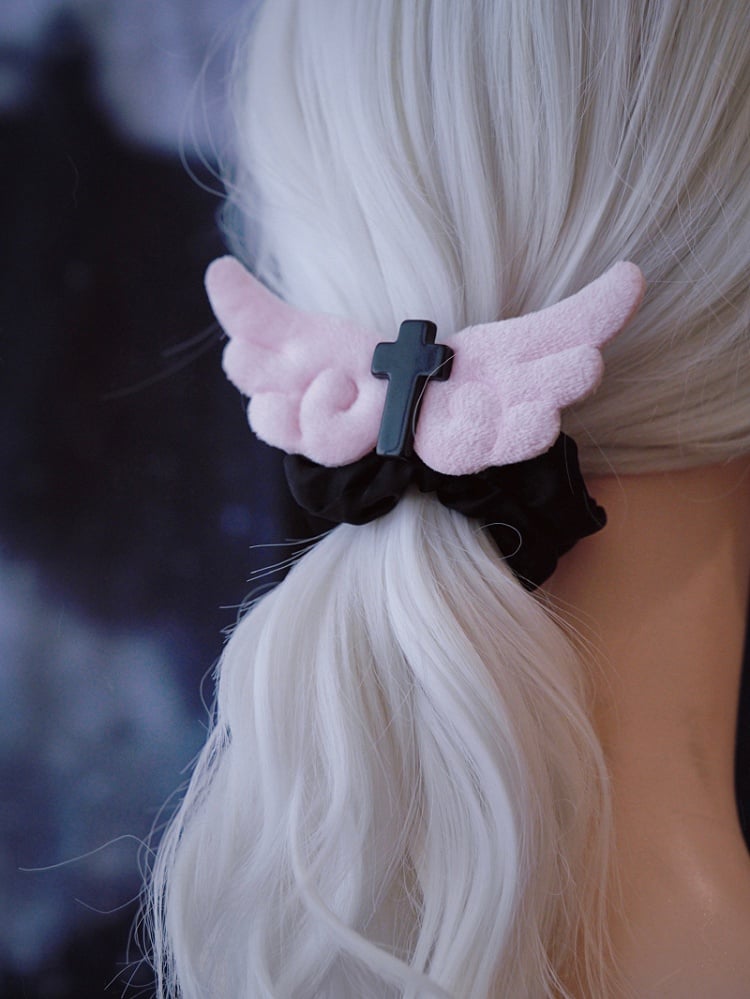 Pink Angel Wings Handmade Black Cross Scrunchie