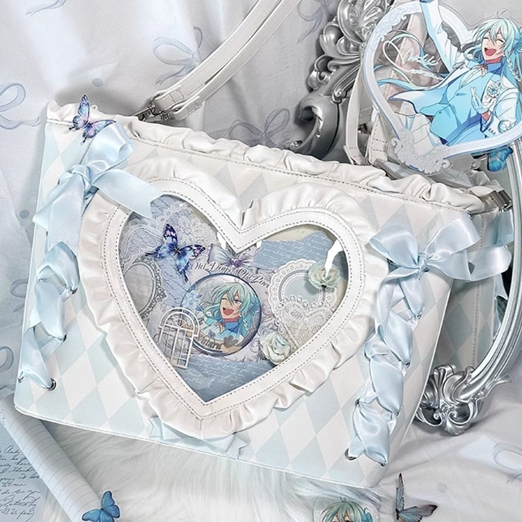 Blue Diamond Pattern Lace-up Design Ruffles Trim Heart PU Tota Ita Bag