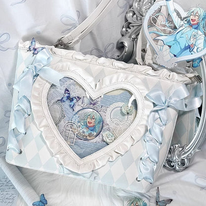 Blue Diamond Pattern Lace-up Design Ruffles Trim Heart PU Tota Ita Bag