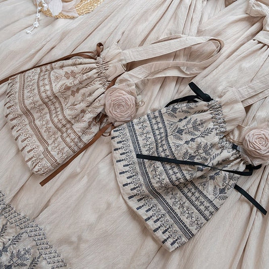 Brown / Blue Vintage Embroidery Handbag with Floral Brooch