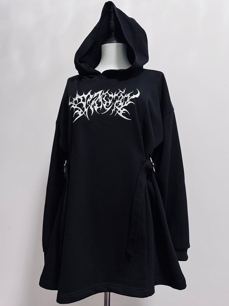 Black Jirai Kei Embroidery Decorated Buckle Details Hoodie