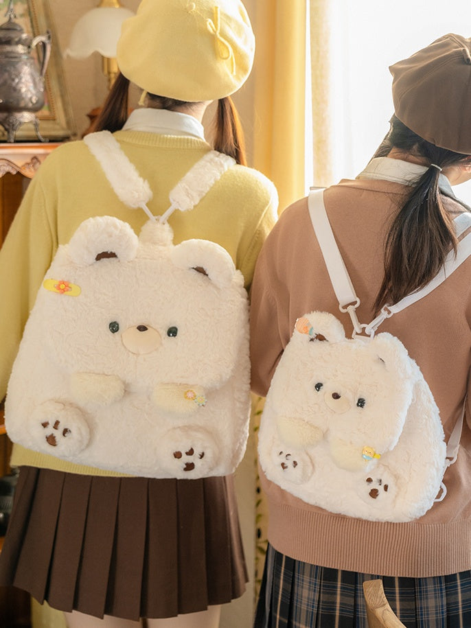 White Bear Plush Flap Backpack Bag Middle/Large Size