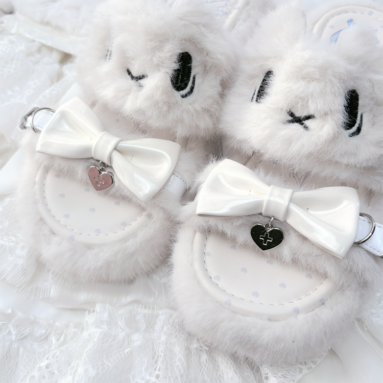 White Jirai Kei Platform Slippers: Plush Kitten Embroidery with Bow & Heart Charm
