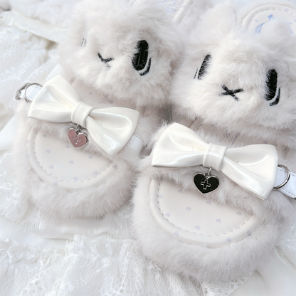 White Jirai Kei Platform Slippers: Plush Kitten Embroidery with Bow & Heart Charm