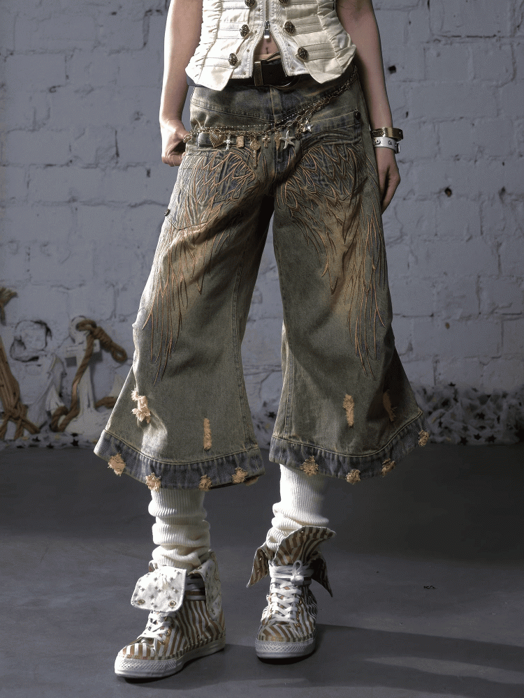 Blue/Yellow Faded Wash Distressed Holes Angel Wing Embroidery Vintage Punk Wide-leg Jeans