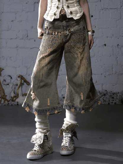 Blue/Yellow Faded Wash Distressed Holes Angel Wing Embroidery Vintage Punk Wide-leg Jeans