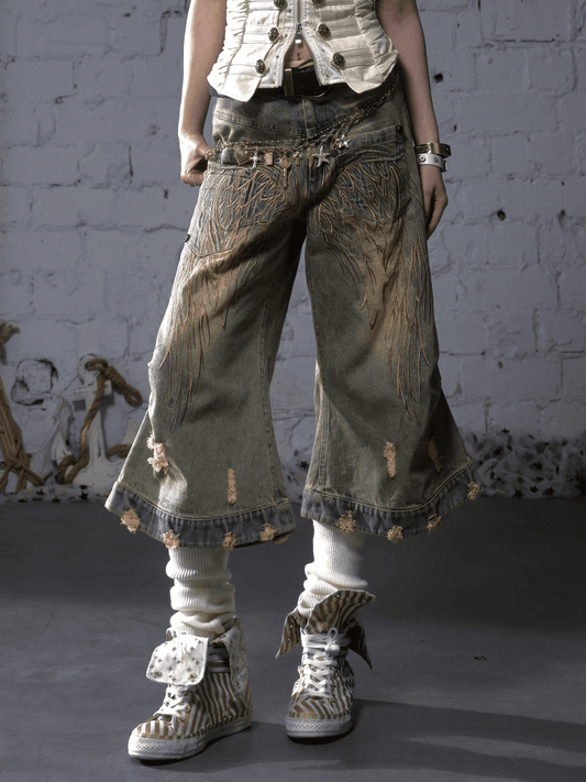 Blue/Yellow Faded Wash Distressed Holes Angel Wing Embroidery Vintage Punk Wide-leg Jeans