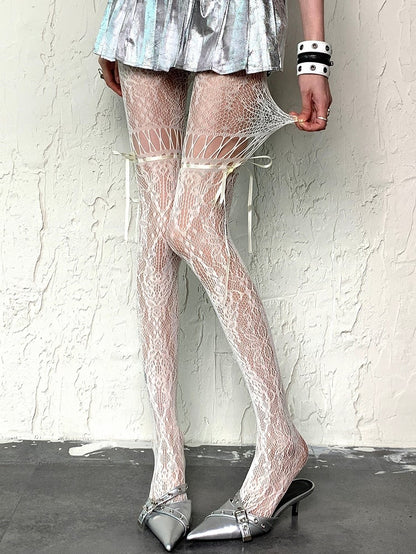 White Y2K Self-tie Straps Hollow-out Design Tights