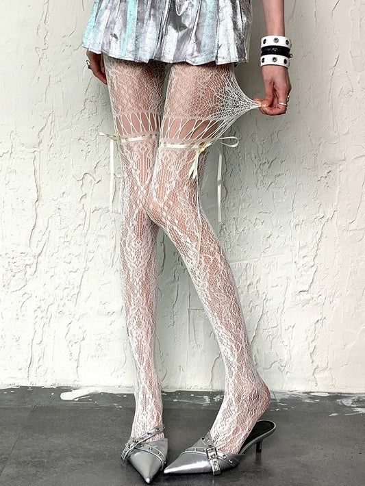 White Y2K Self-tie Straps Hollow-out Design Tights