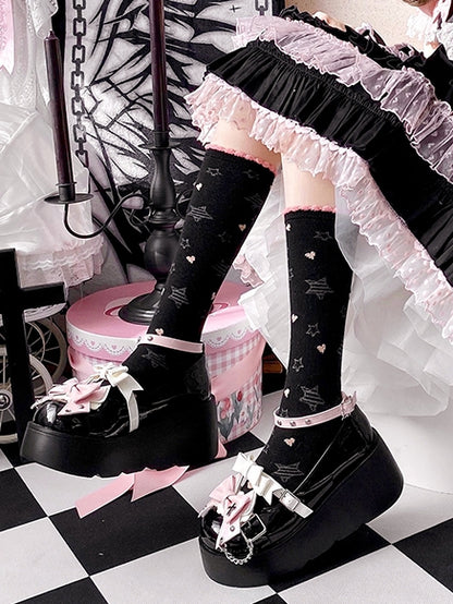 Punk Crosses and Chains Black Bow Accents Platforms Buckle Ankle Strap