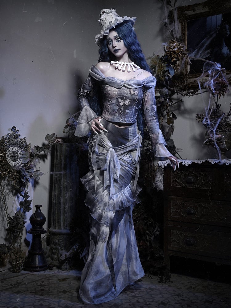 Off-the-shoulder Neckline Butterfly Print Dusty Blue Long Sleeves Top Corpse Bride Vibes