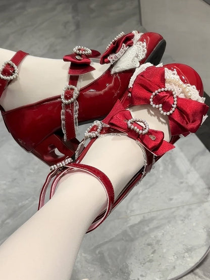 Wine Red Bow at Top Heart Cut-out Heels Mary Janes