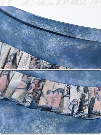 Grunge Punk Rock Fairy Style Blue Butterflies Print Tiered Ruffles Asymmetrical Hem Patchwork Skirt
