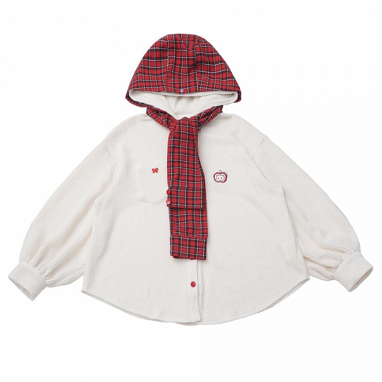Regular/Thicken White Knit Hoodie with Detachable Red Plaid Hood Scarf